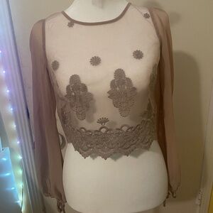 Cute Brown/Tan Bebe See-Through Long Sleeve Top Size: 2 With Tie Sleeves Coveup